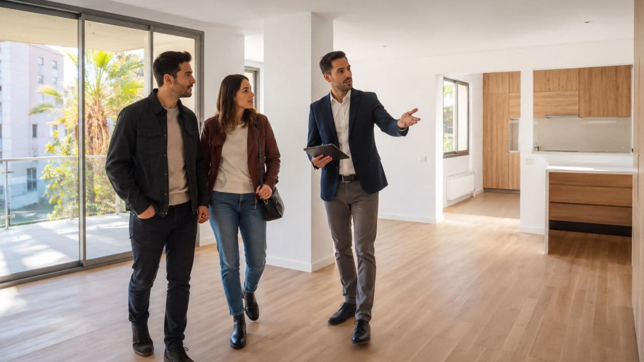 Asesor inmobiliario mostrando una vivienda en venta en Vilanova i la Geltrú a una pareja interesada