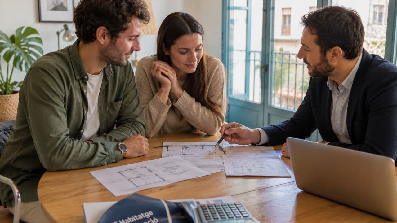 Pareja joven revisando la financiación para comprar su primera vivienda en Catalunya