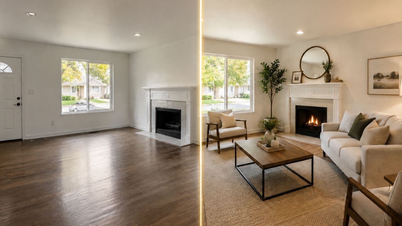 Salón luminoso preparado con técnicas de home staging para la venta de una vivienda.