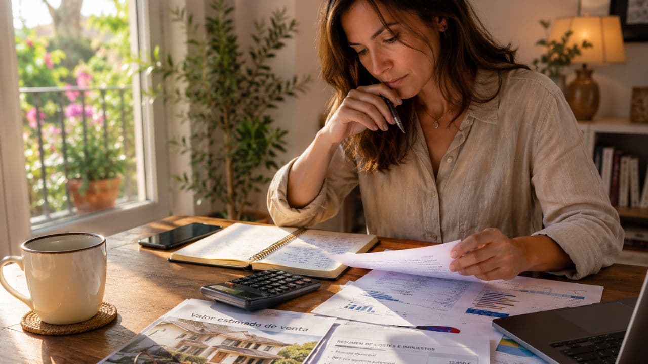 Persona revisando documentación fiscal relacionada con la venta de una vivienda en Catalunya