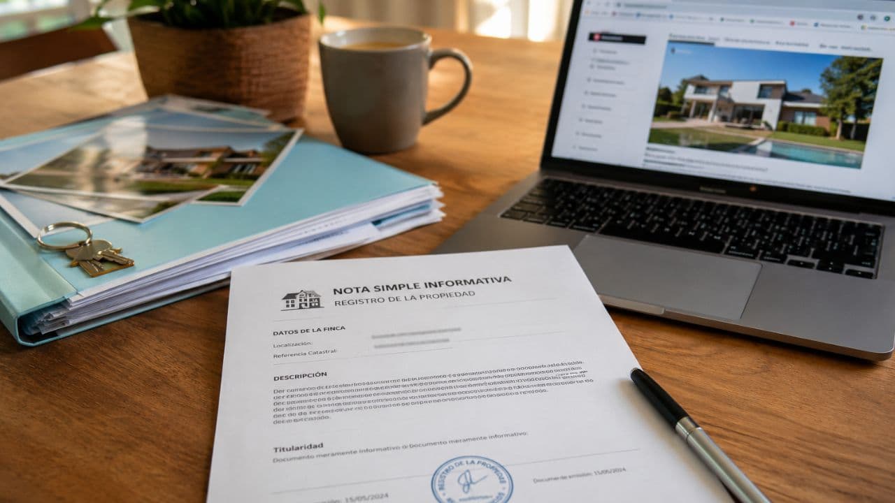 Documento de nota simple registral junto a unas llaves de vivienda y documentación inmobiliaria