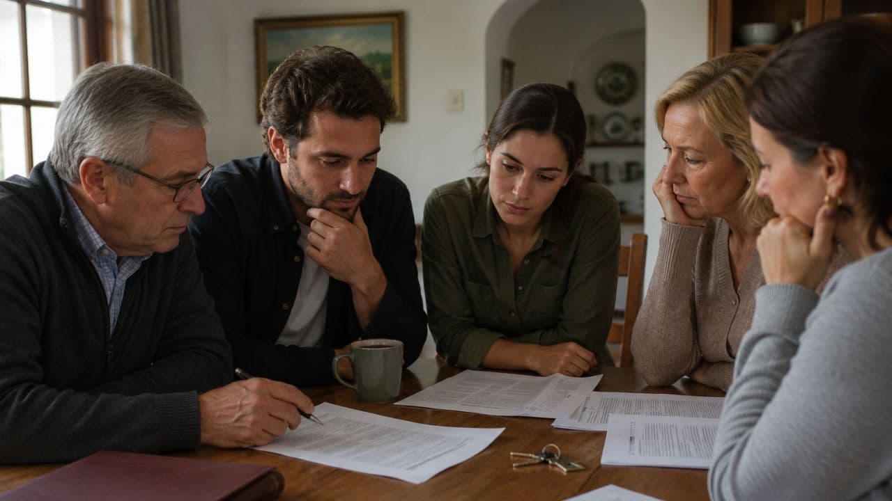 Herederos revisando documentación relacionada con una vivienda heredada antes de ponerla a la venta