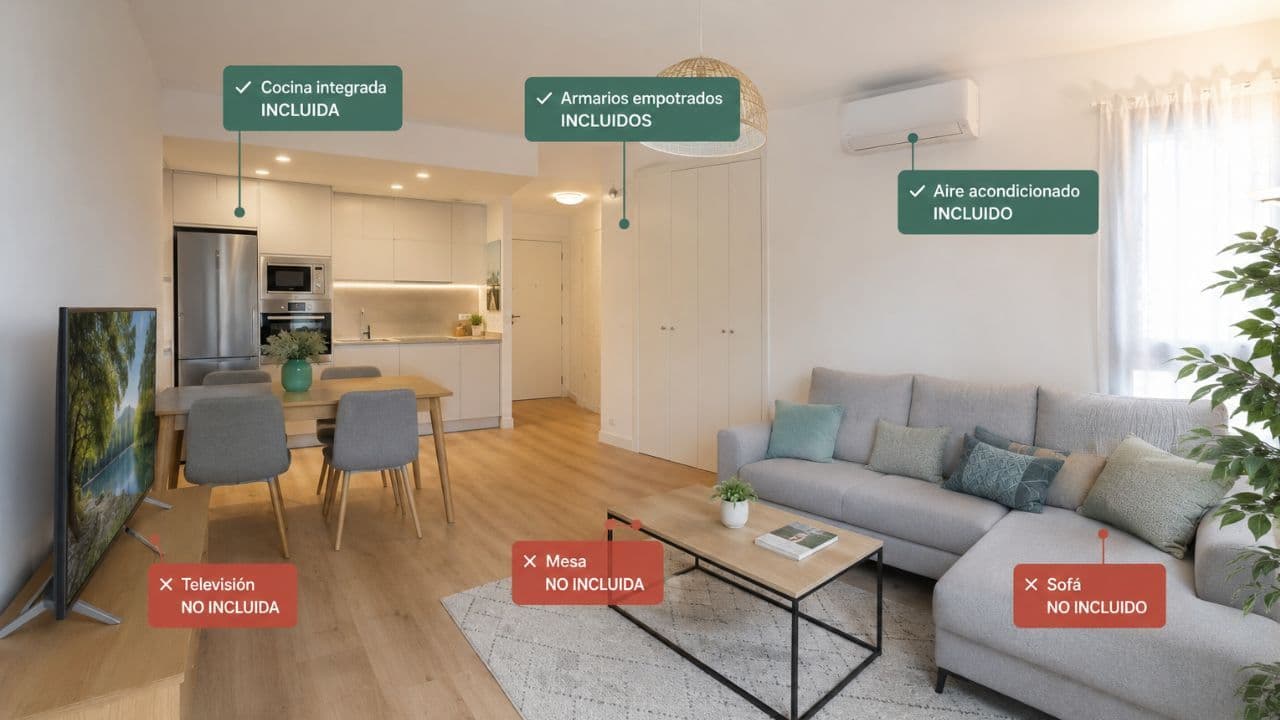 Salón de una vivienda con algunos muebles señalados para diferenciar los elementos incluidos y no incluidos en una compraventa