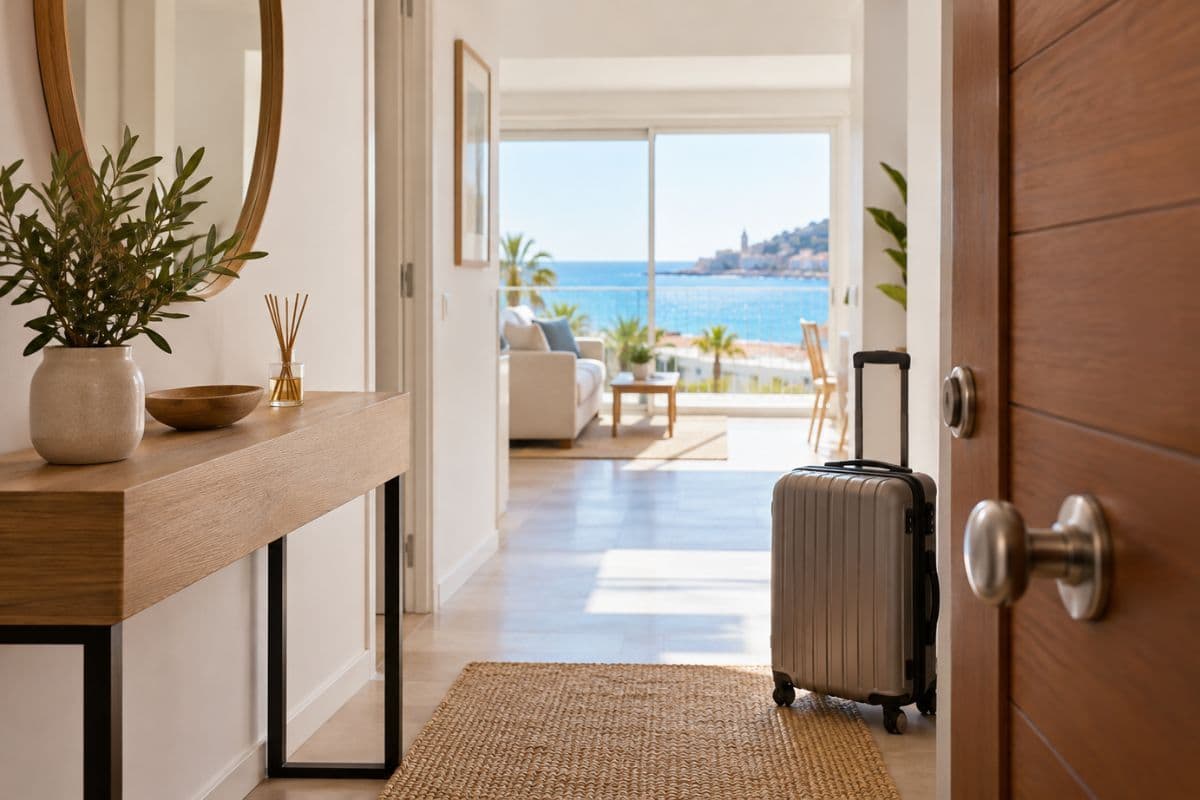 Maleta junto a la puerta de un piso luminoso con vistas al mar, listo para vender siendo no residente en Sitges